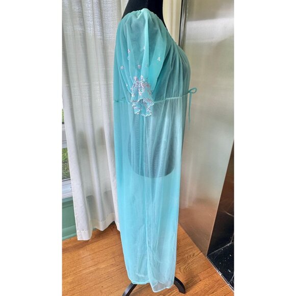 Vintage 60s dressing gown, teal blue, empire waist, embroidered puff sleeves - Picture 8 of 8